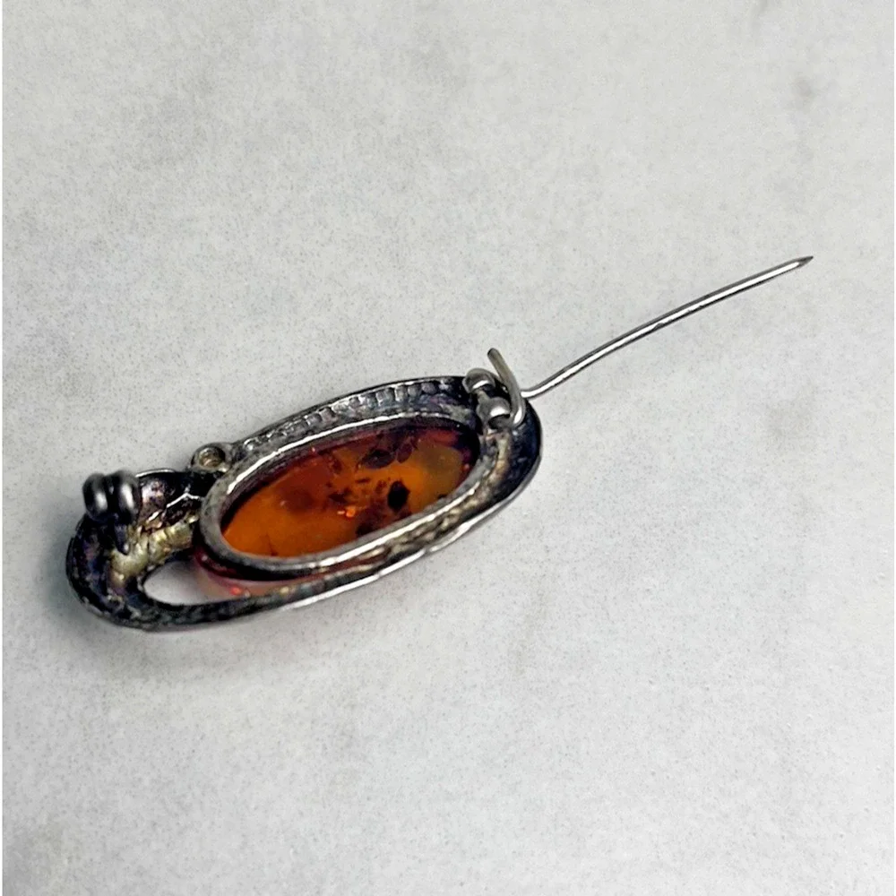Vintage Genuine Amber Sterling Silver 925 Oval Brooch Pin Classic Estate Jewelry